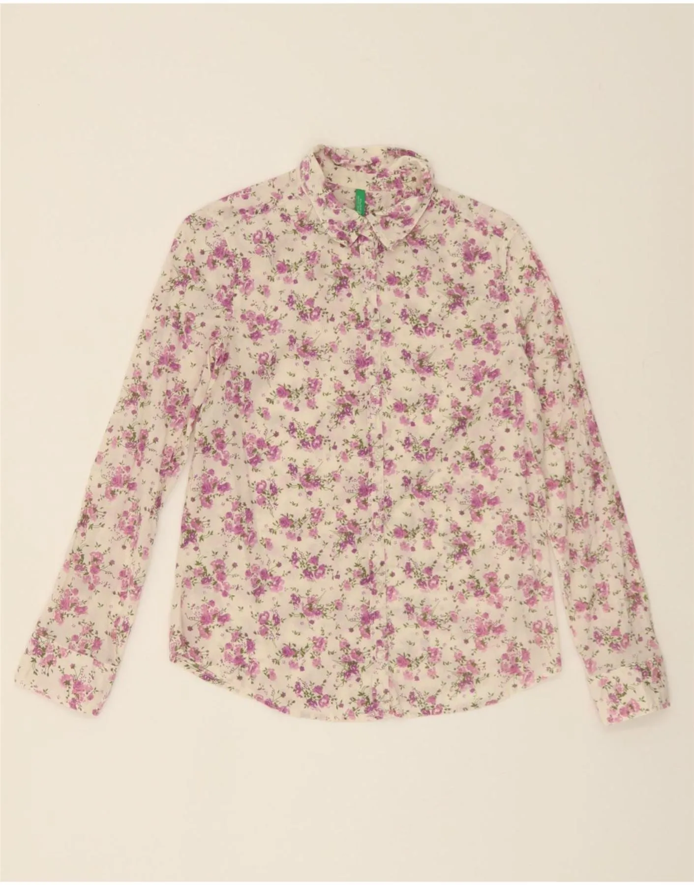 Multi Pocket Utility BENETTON Womens Shirt UK 12 Medium Off White Floral Cotton