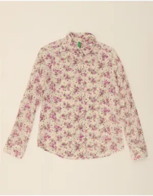 Multi Pocket Utility BENETTON Womens Shirt UK 12 Medium Off White Floral Cotton