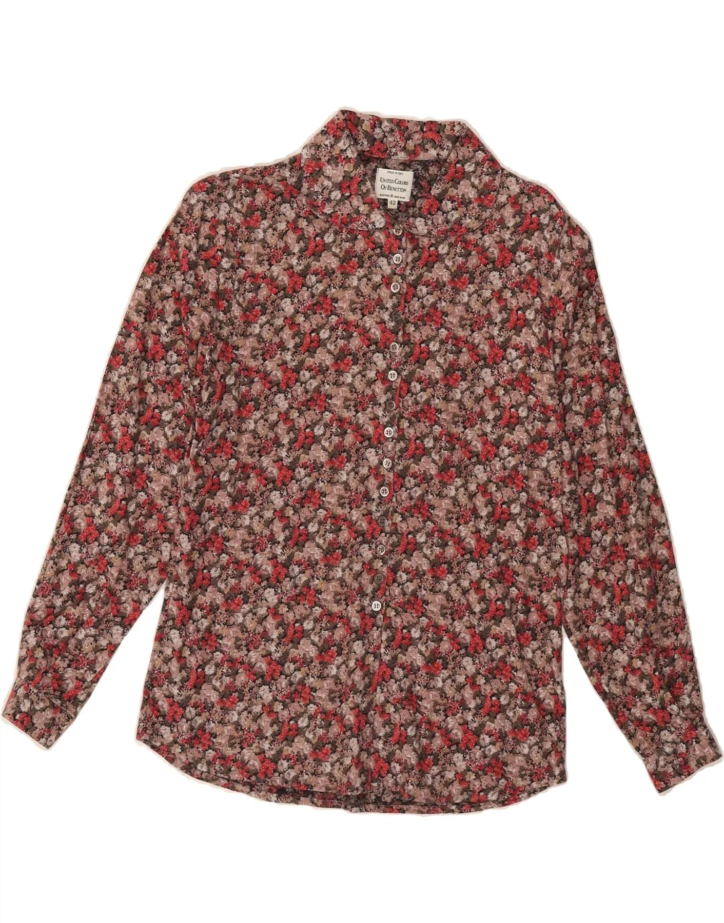 Wrinkle Resistant Finish BENETTON Womens Shirt IT 42 Medium Red Floral Cotton