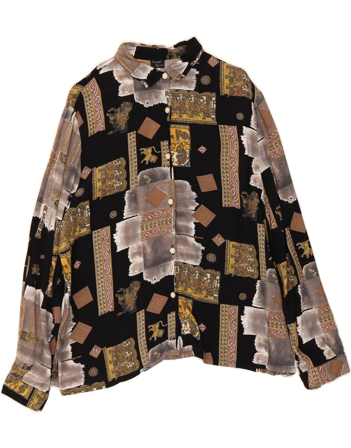 SAMUEL Womens Shirt UK 16 Large Black Patchwork Adjustable Cuff Closure Statement Maker