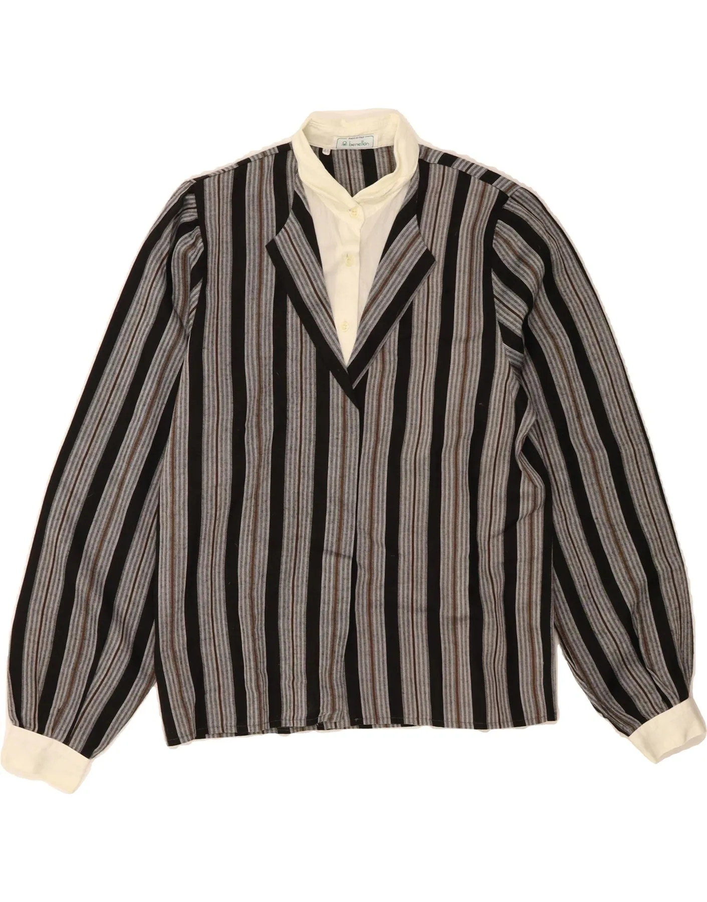 BENETTON Womens Shirt Blouse IT 46 Large Grey Striped Minimalist Closure Tall Length