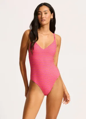 Mesh Effect V Neck One Piece - Hot Pink tropical print