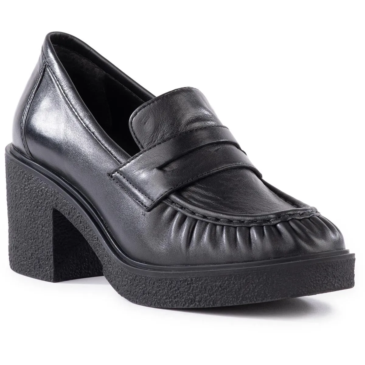 Subtle Shine Easy Slip On High Tea Womens Block Heel Leather Loafer Heels