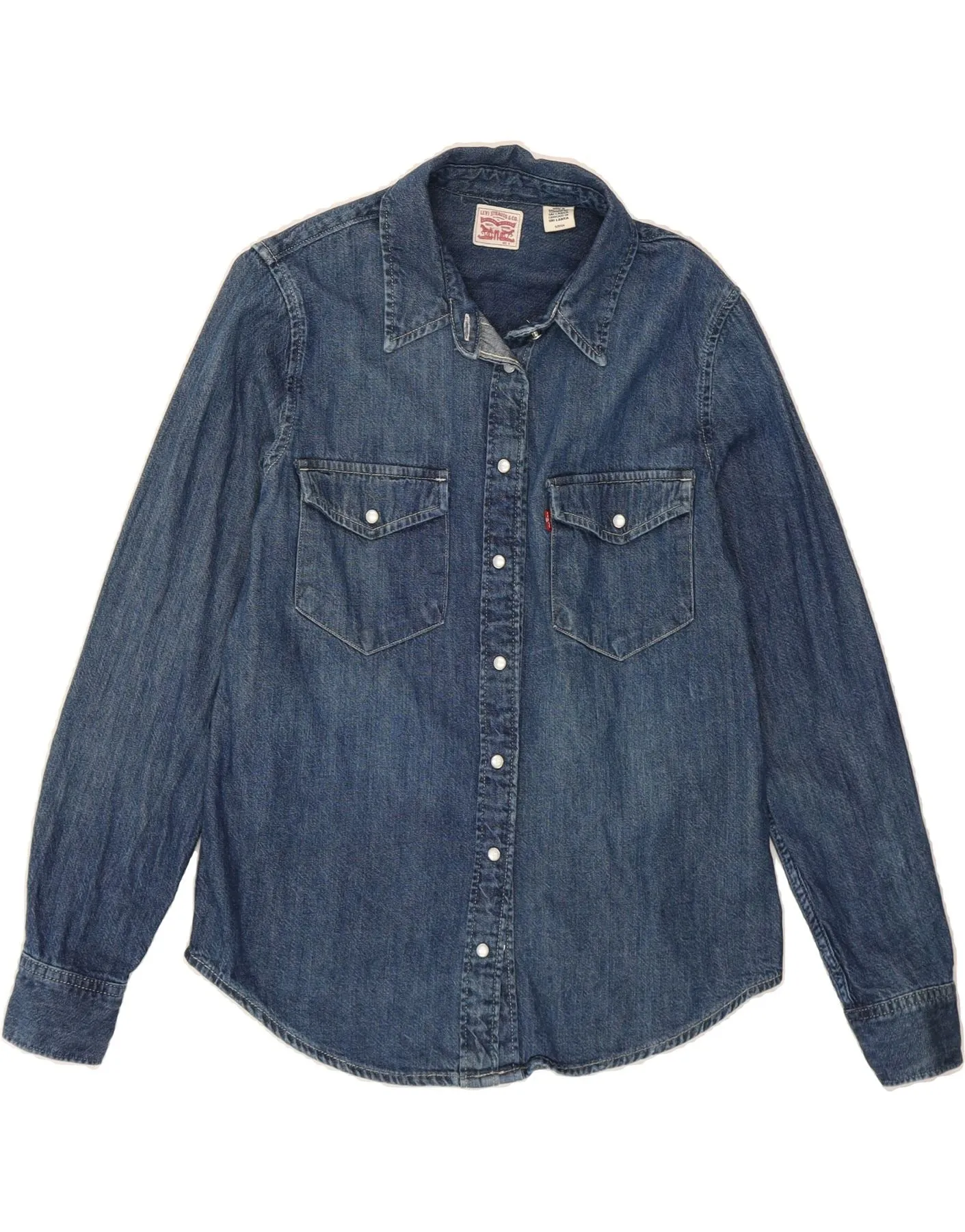 LEVI'S Womens Denim Shirt UK 10 Small Navy Blue Cotton Compact Fold Design Earthy Palette