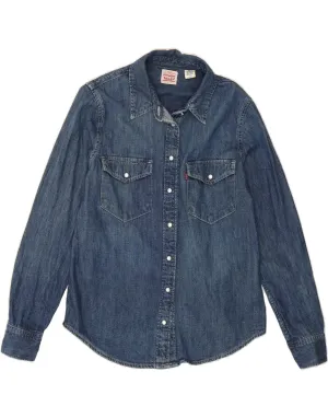 LEVI'S Womens Denim Shirt UK 10 Small Navy Blue Cotton Compact Fold Design Earthy Palette