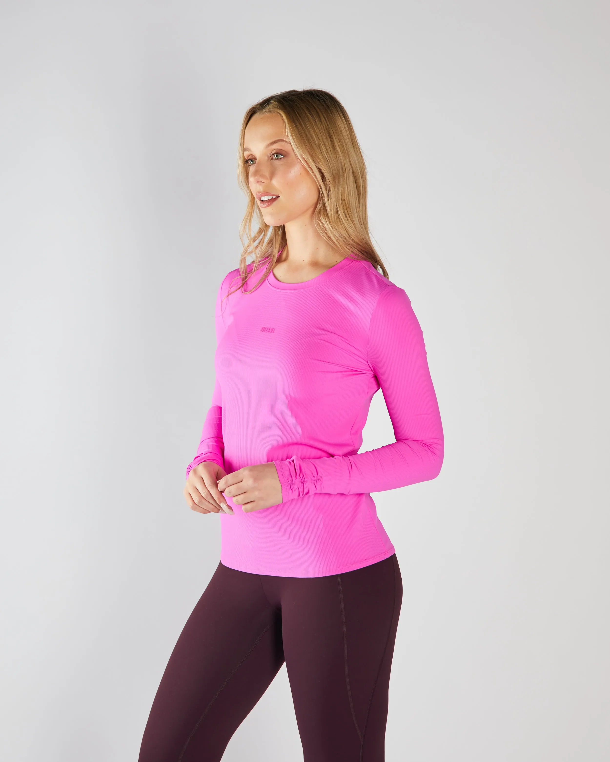 Day-to-Night Look Comfort Apparel Lyra LS Top Neon Pink