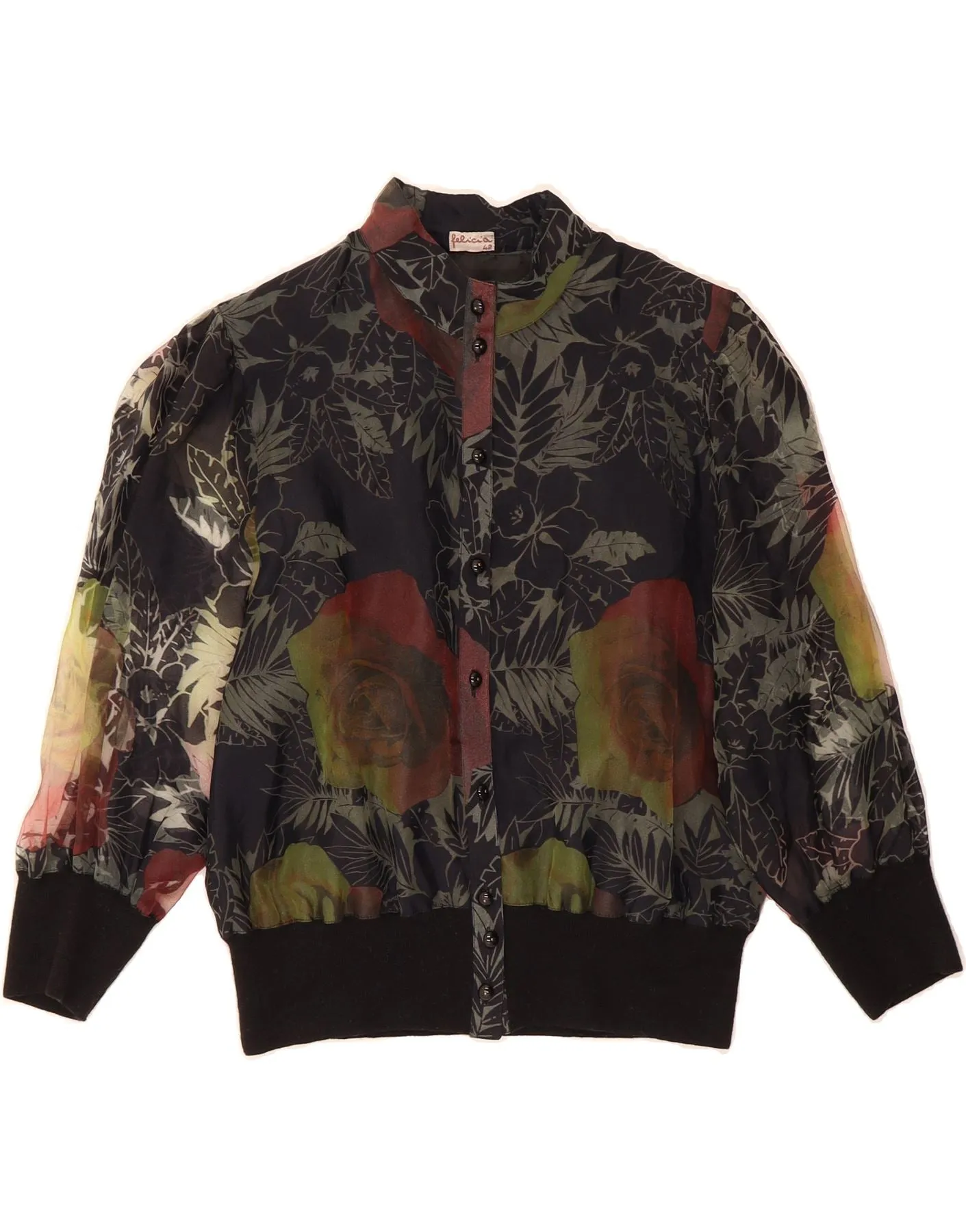FELICIA Womens Shirt Blouse IT 42 Medium Black Floral Viscose Smooth Stitch Pattern