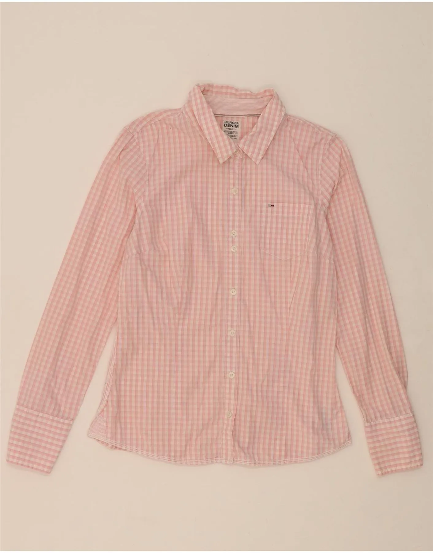 TOMMY HILFIGER Womens Shirt UK 14 Large Pink Gingham Cotton Plus Size Fit