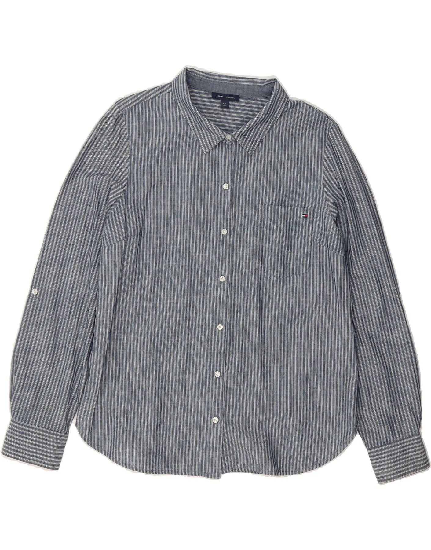 slim cut TOMMY HILFIGER Womens Shirt UK 14 Large Blue Pinstripe Cotton