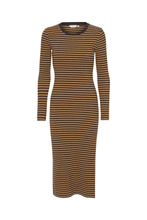 Ludmilla Long Dress - Bronze Brown/Black Stripe Front Detail