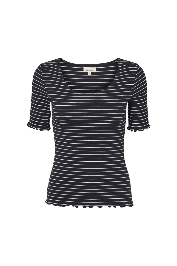 petite size Denim combination Ludmilla Scallop Tee SS - Black / bright white