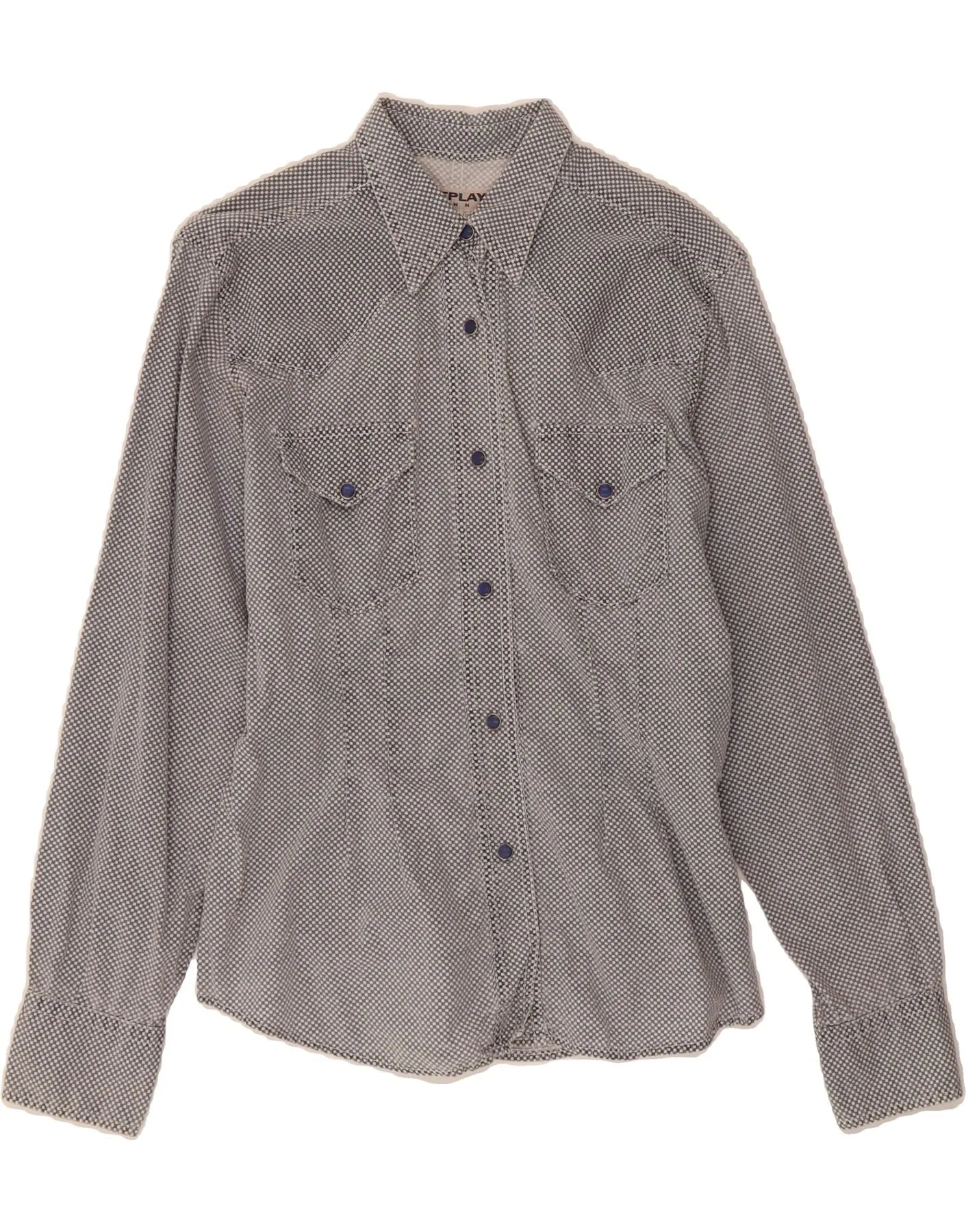 REPLAY Womens Shirt UK 18 XL Grey Geometric Cotton Clean Edge Trim Networking Session