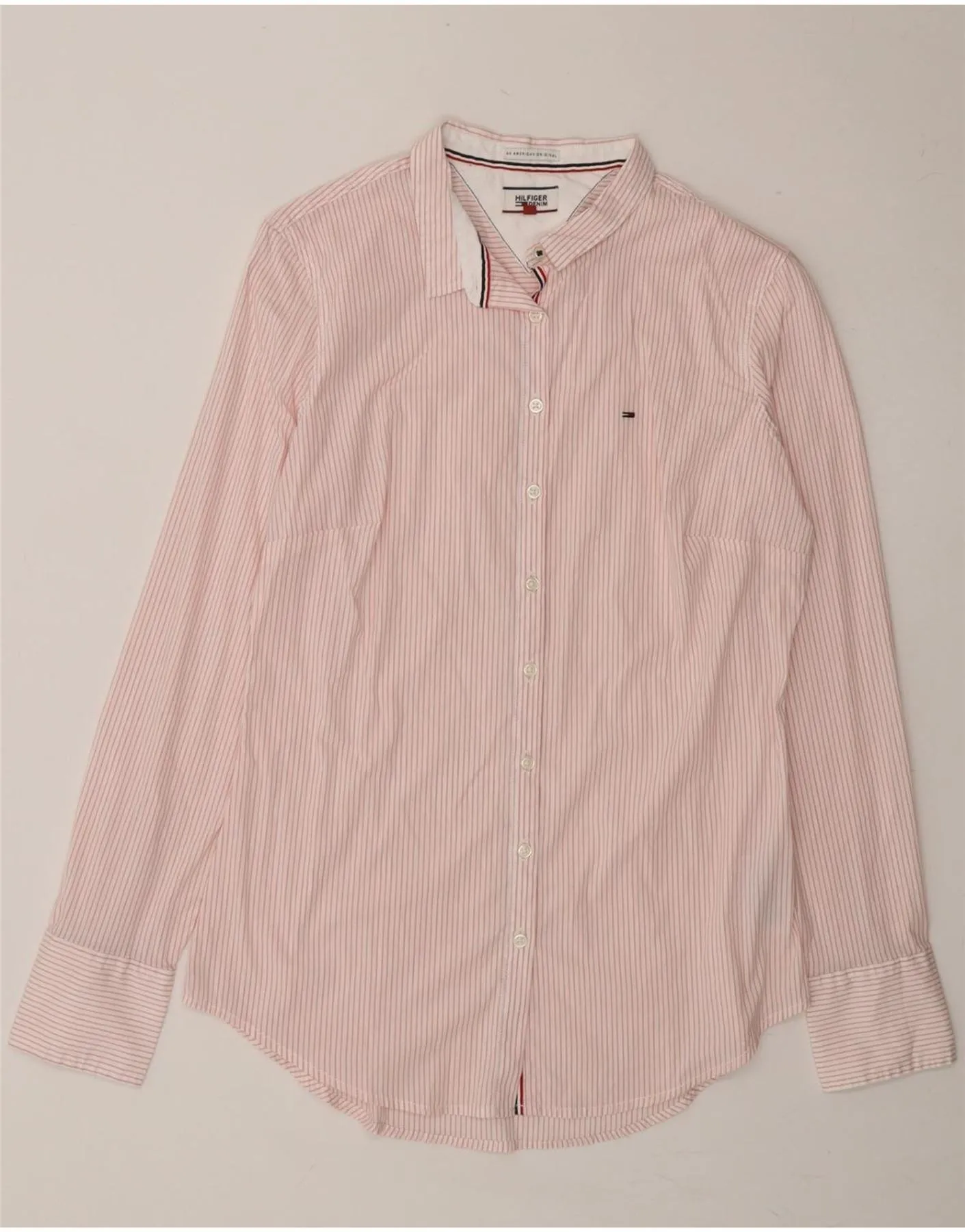 Wrinkle-Free TOMMY HILFIGER Womens Shirt UK 16 Large Pink Pinstripe Cotton