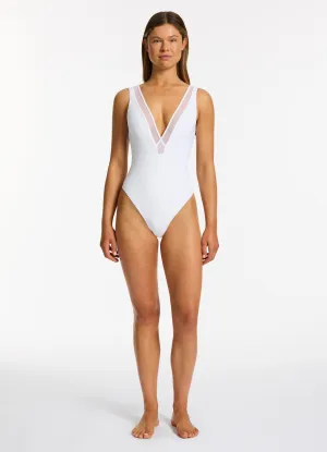 High Waisted Cut Jetset Lure Plunge One Piece  - White