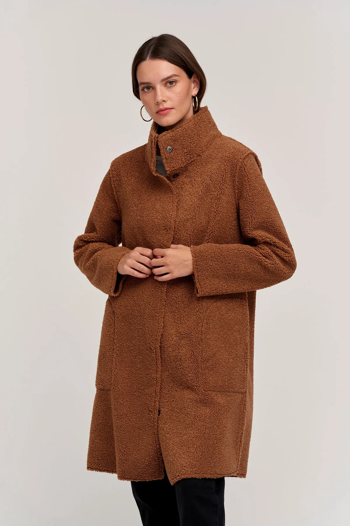Layered Collar Design SeamlessBonding MIRABEL FAUX LUX SHERPA REVERSIBLE COAT