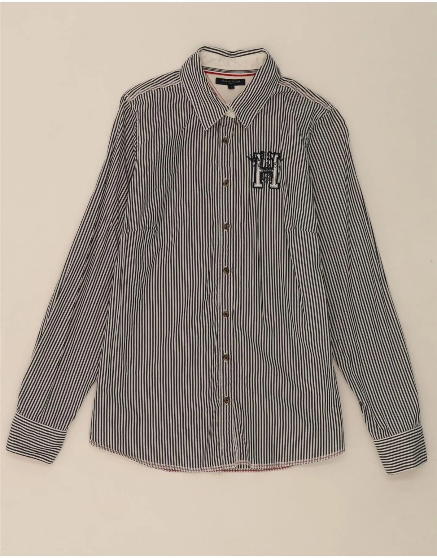 Sustainable Material Polished Finish TOMMY HILFIGER Womens Shirt US 8 Medium Black Pinstripe Cotton