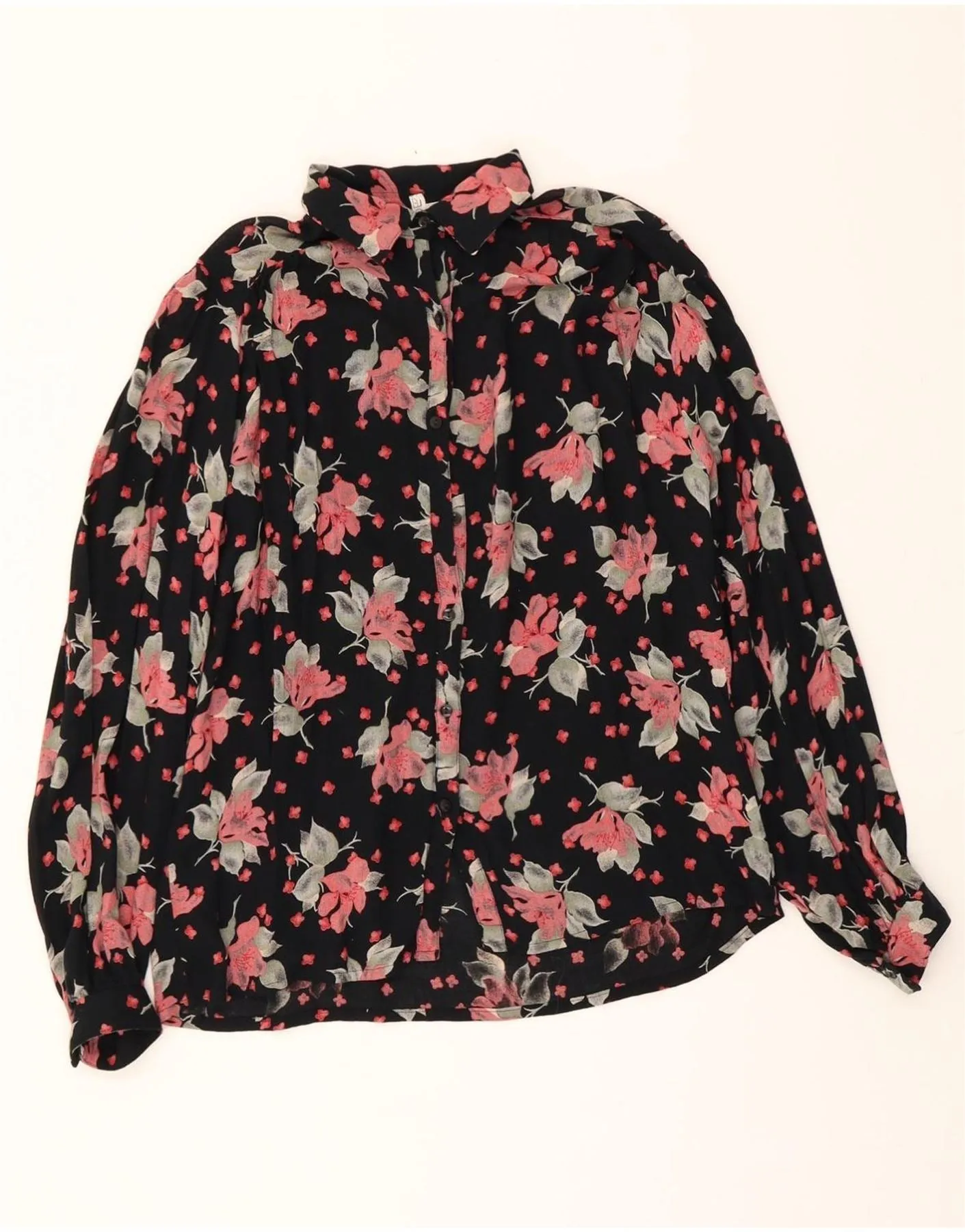 VINTAGE Womens Shirt Blouse EU 40 Medium Black Floral Multi Functional Pockets