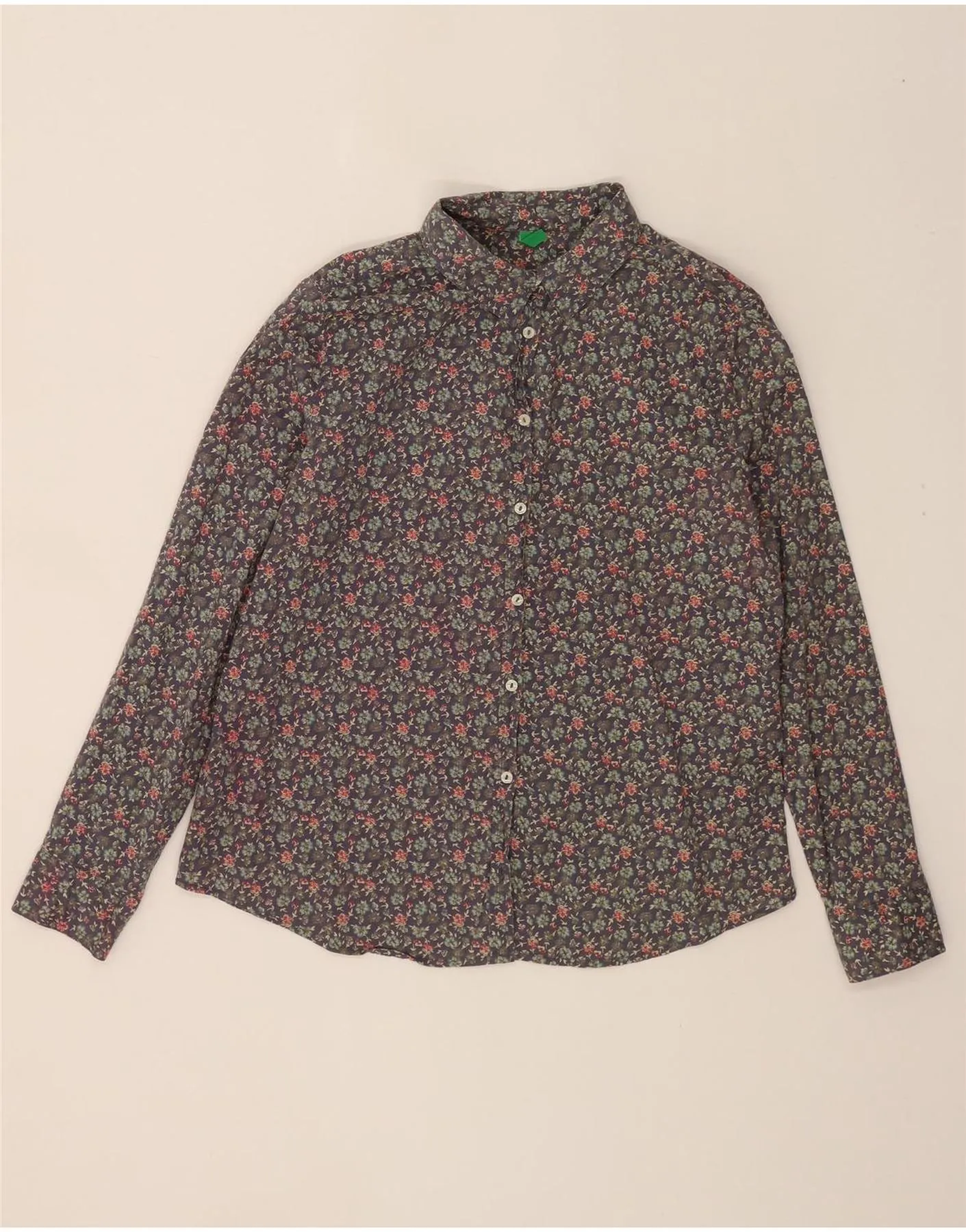 Roomy Cut BENETTON Womens Shirt UK 16 Large Navy Blue Floral Cotton