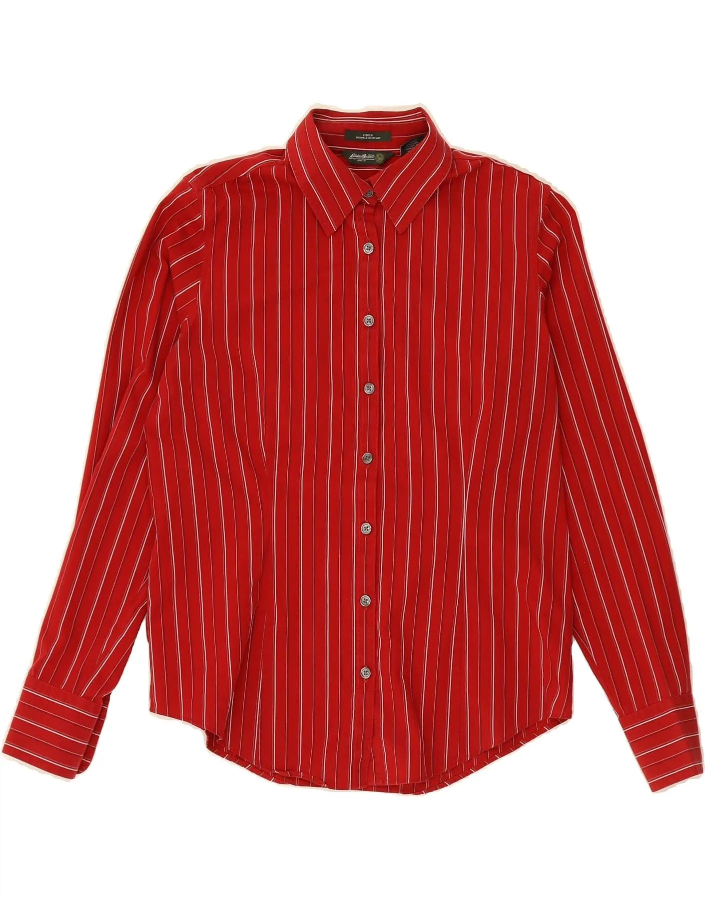EDDIE BAUER Womens Shirt UK 14 Medium Red Striped Cotton Anti Pilling Finish Chic Look