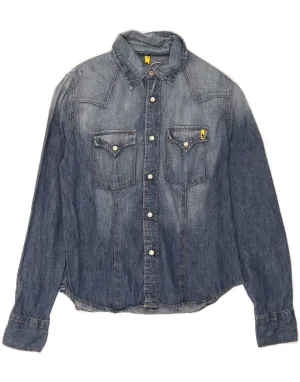 High-End Fabric Geometric Design VINTAGE Womens Denim Shirt UK 12 Medium Blue Cotton