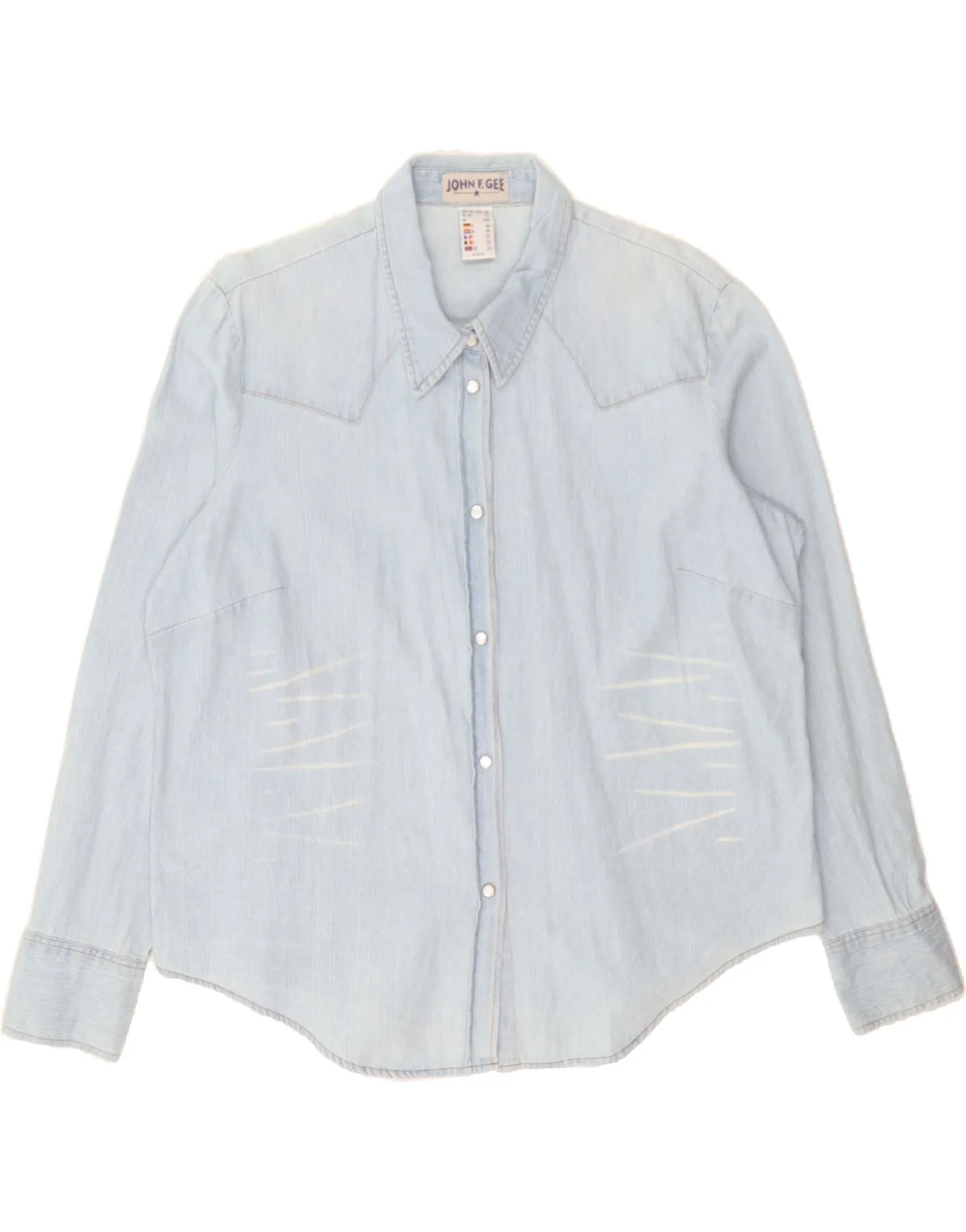 JOHN F GEE Womens Denim Shirt UK 22 3XL Blue Cotton Cocktail Event Cuffed hem