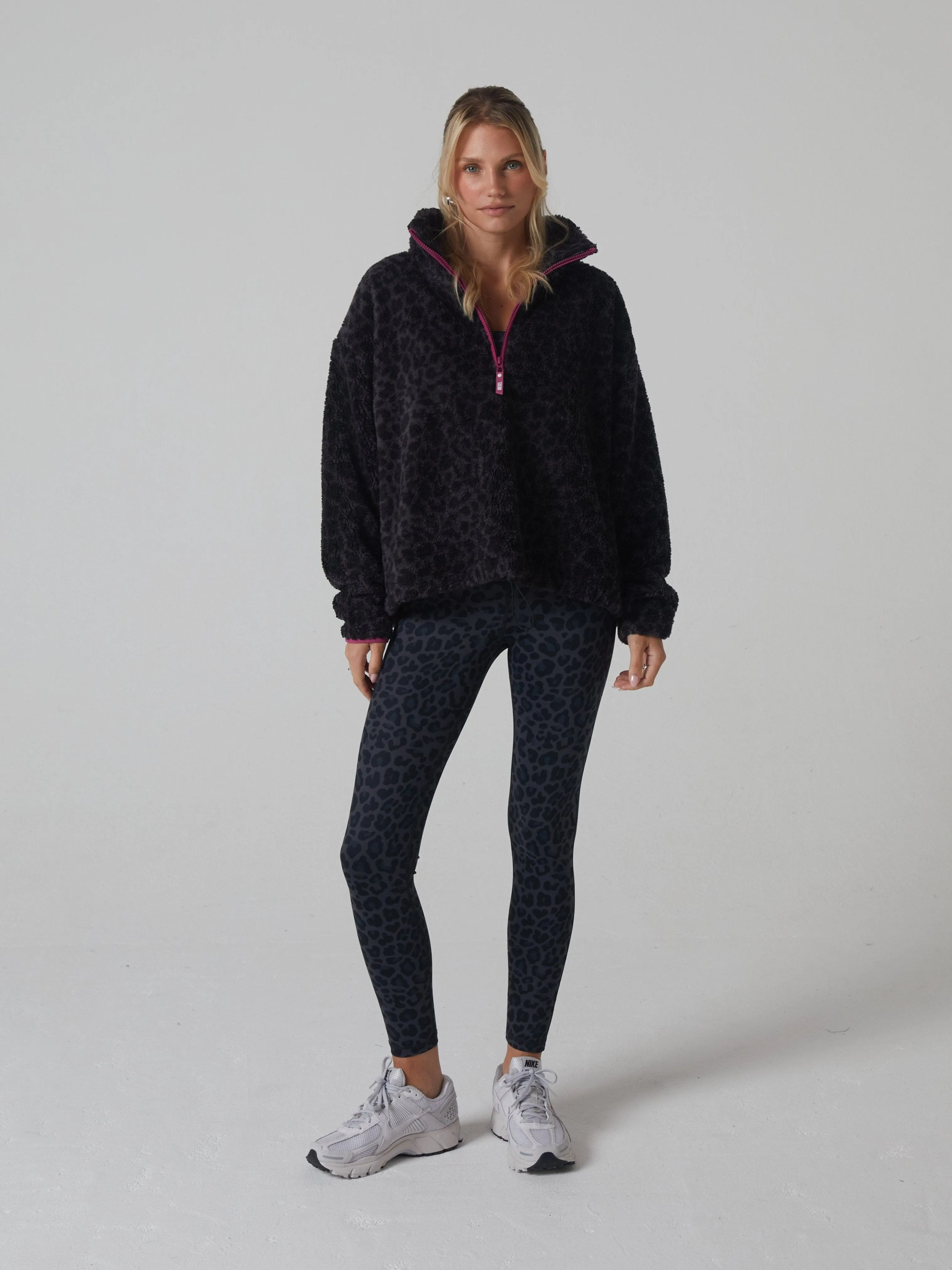 Athletic Penny Fleece Half Zip Leopard Print