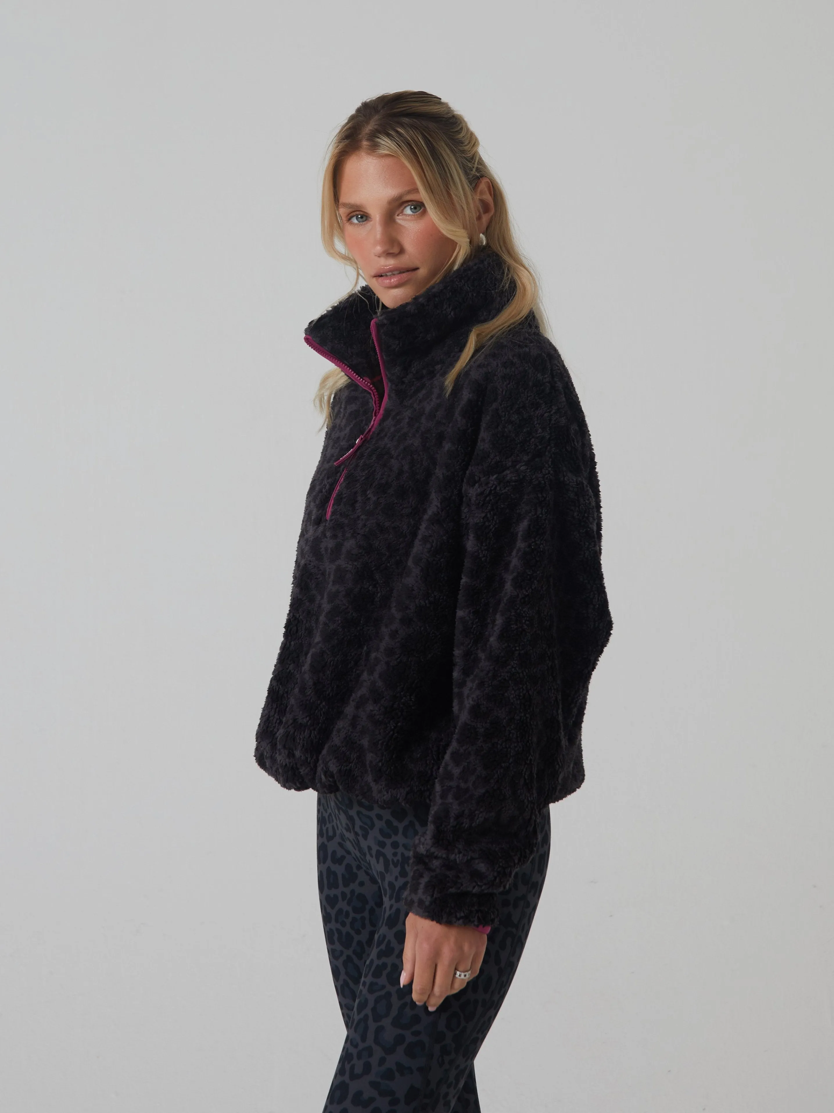 Penny Fleece Half Zip Leopard Print product holiday wear celebration Travel Friendly