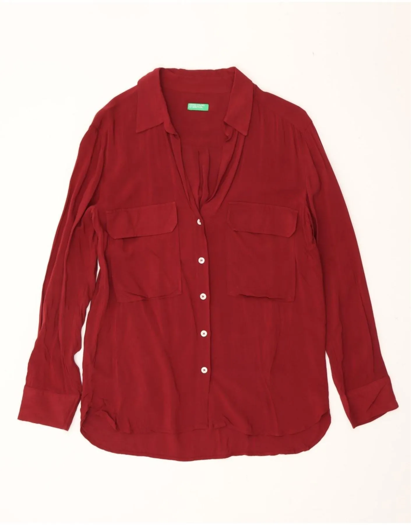 BENETTON Womens Shirt UK 14 Large Burgundy Quick Release Cuffs