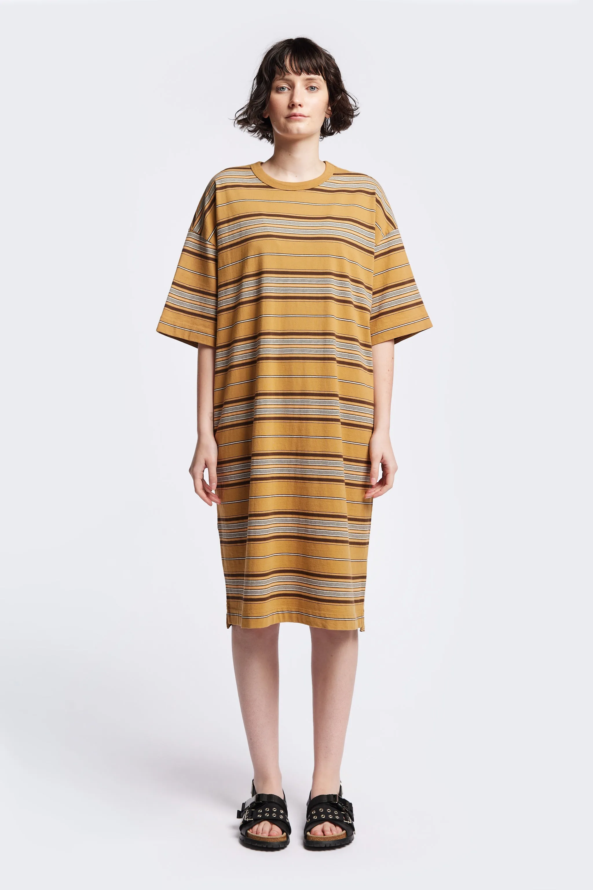 Nadir Dress Tan Stripe Effortless Wear Rooftop-Event
