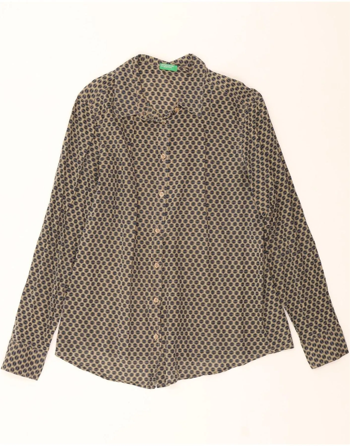 BENETTON Womens Shirt UK 14 Medium Beige Polka Dot Picnic Outfit Eco Friendly Dye