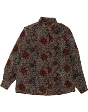 VINTAGE Womens Shirt Blouse UK 14 Large Grey Floral Graduation Attire High-Quality Fabric