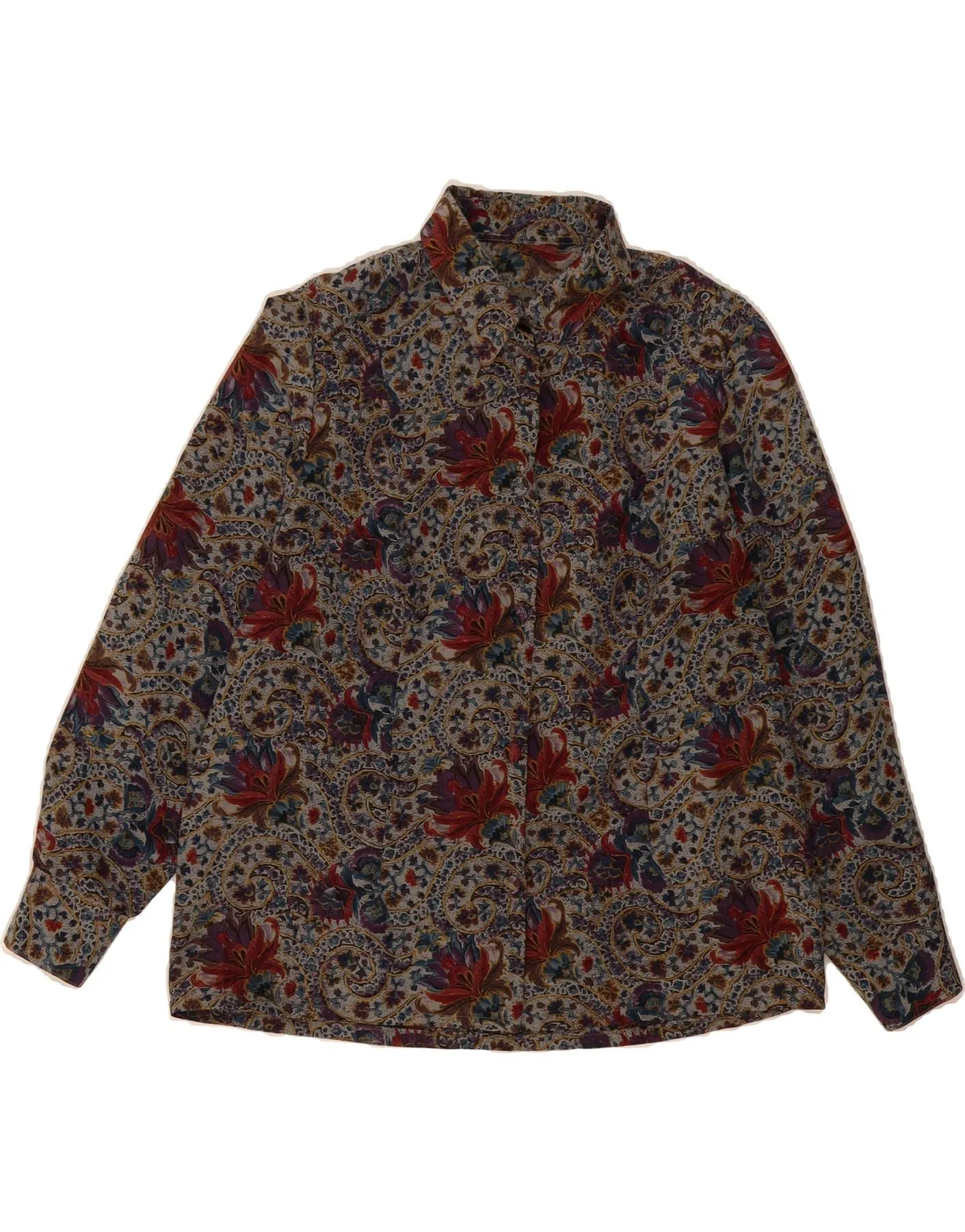 VINTAGE Womens Shirt Blouse UK 14 Large Grey Floral Graduation Attire High-Quality Fabric