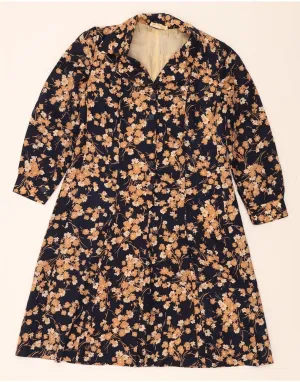 VINTAGE Womens Shirt Dress UK 14 Large Navy Blue Floral Wrinkle Resistant Relaxed Vibe
