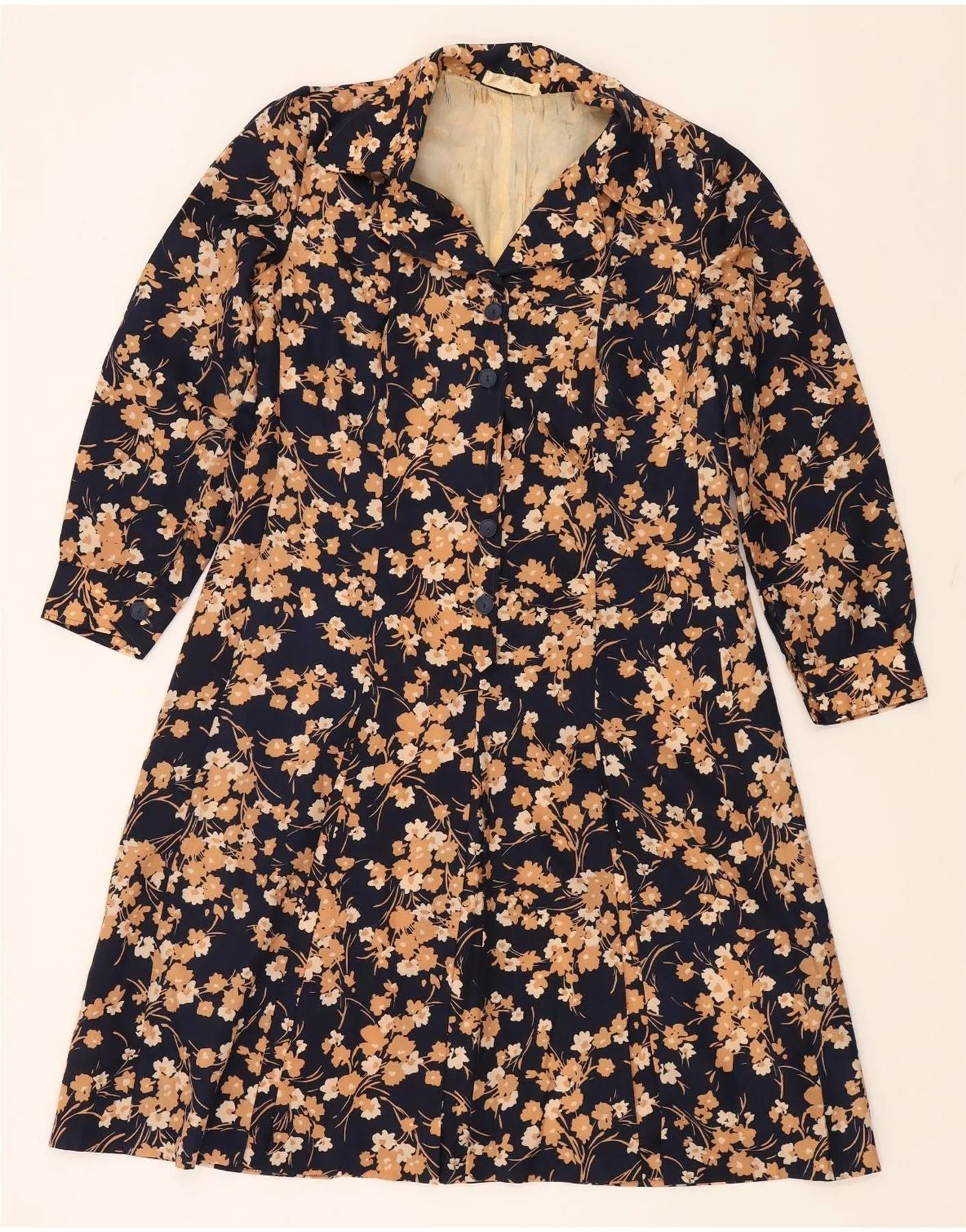 VINTAGE Womens Shirt Dress UK 14 Large Navy Blue Floral Wrinkle Resistant Relaxed Vibe