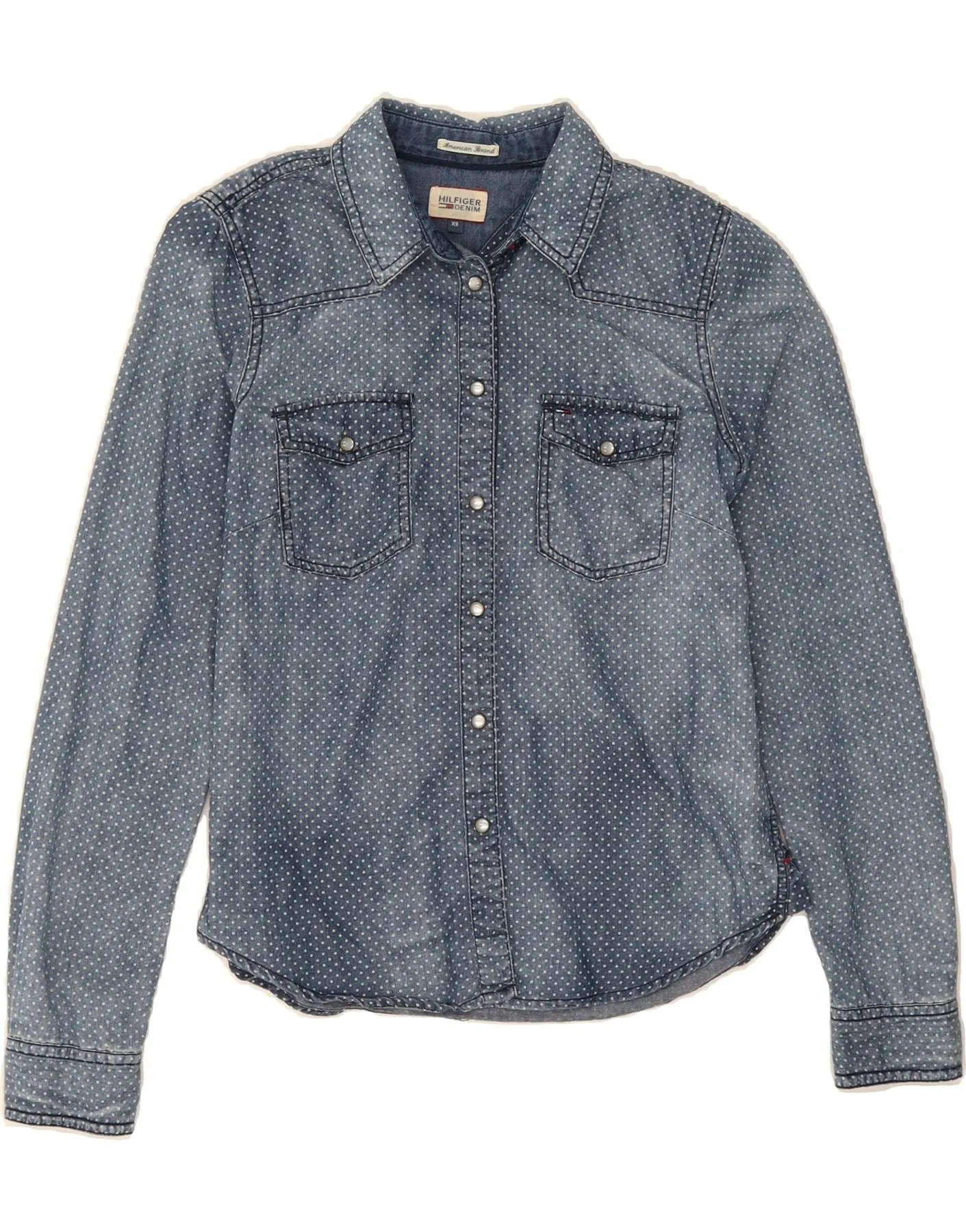 Tailored Silhouette Patterned Design TOMMY HILFIGER Womens Denim Shirt UK 6 XS Navy Blue Spotted Cotton