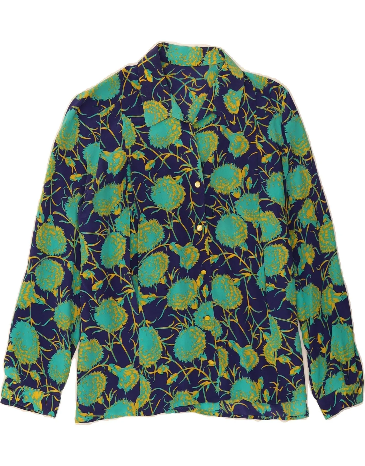 VINTAGE Womens Shirt UK 16 Large Navy Blue Floral Micro Perforated Texture