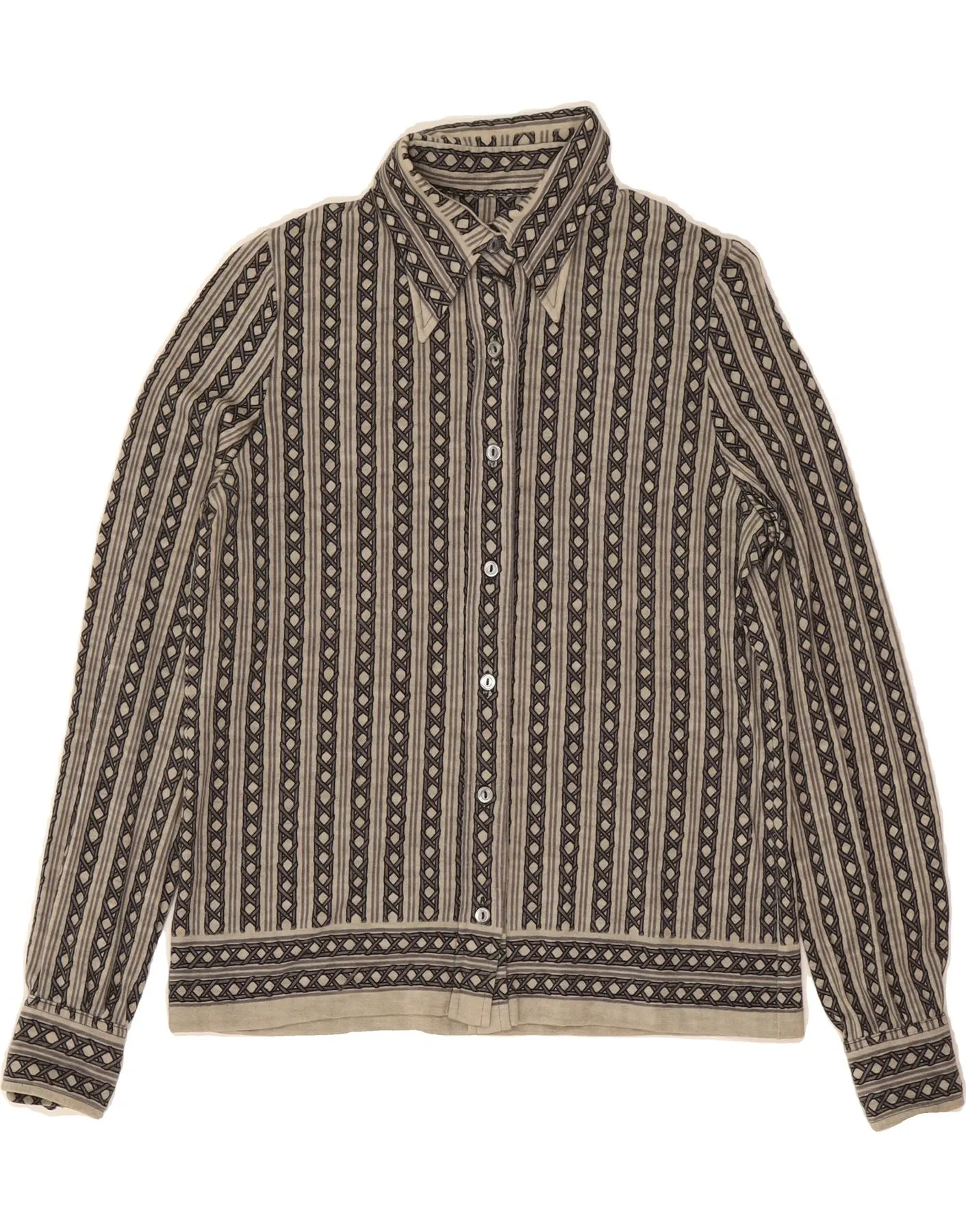 VINTAGE Womens Shirt UK 14 Medium Grey Geometric Wool Seamless Sides