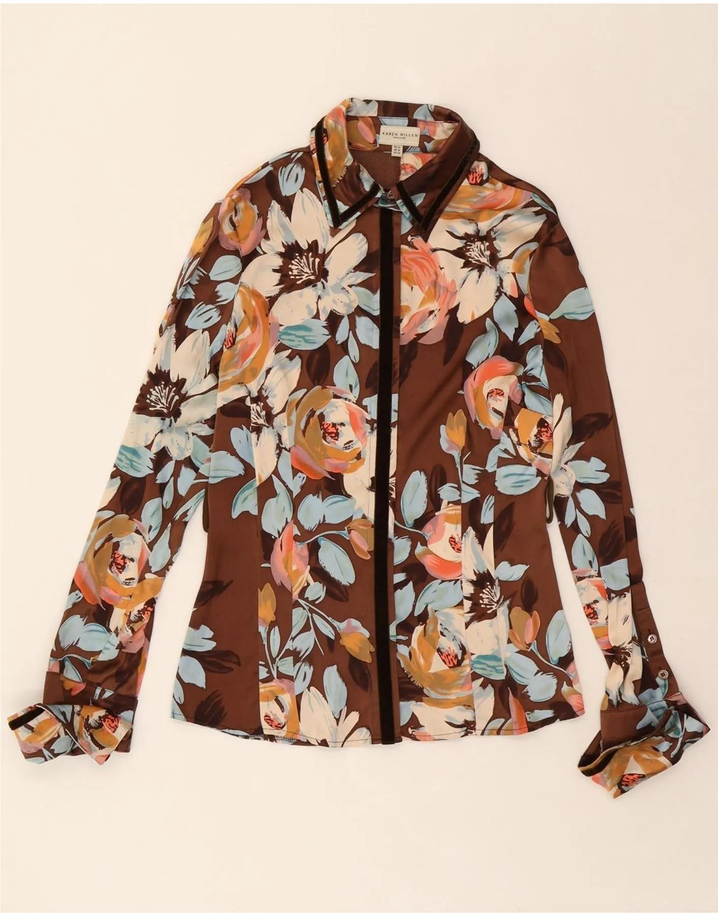 Lightweight Layers KAREN MILLEN Womens Shirt Blouse UK 14 Large Brown Floral Silk