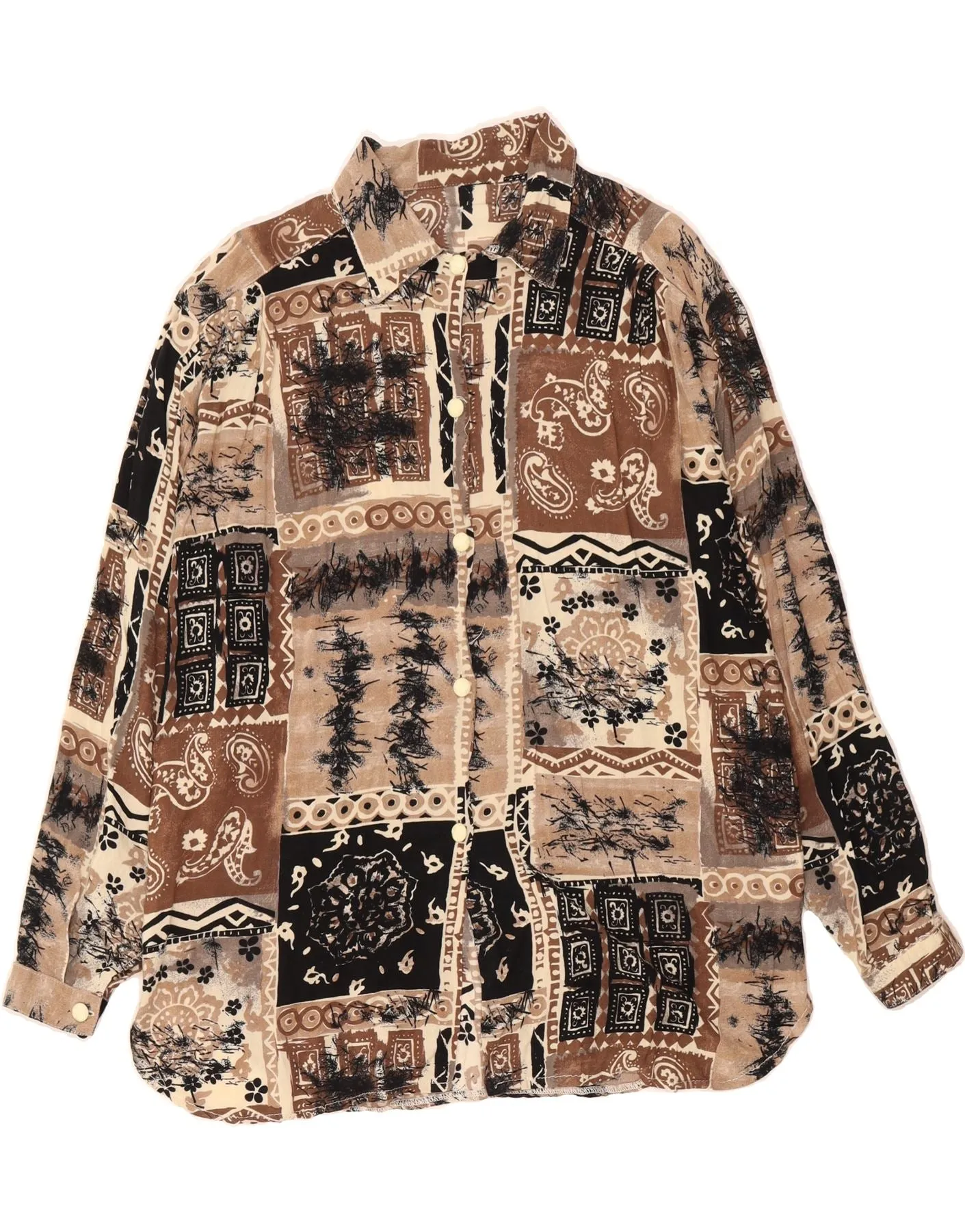 VINTAGE Womens Shirt UK 16 Large Brown Patchwork Night Out