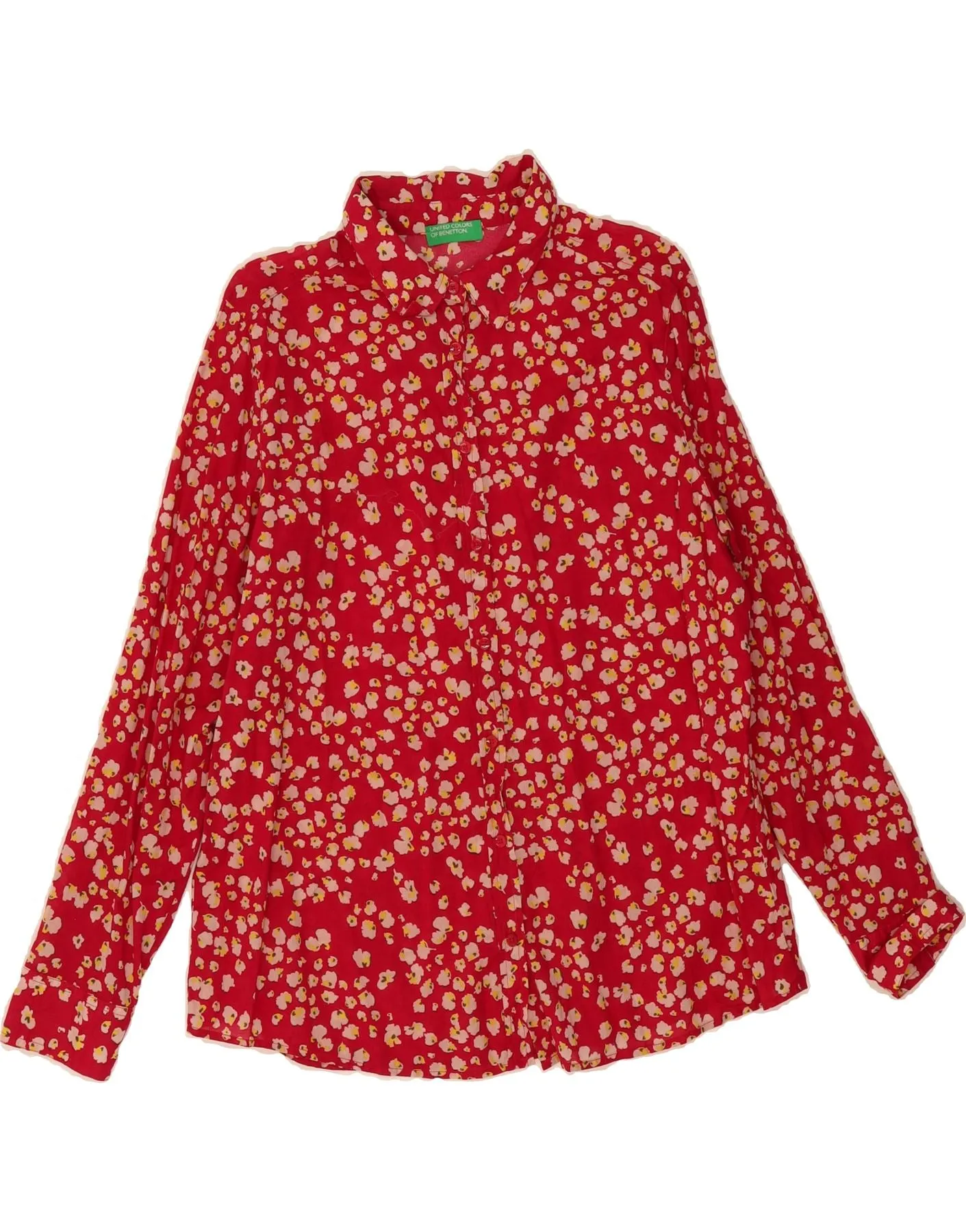 Yoke Design Neutral Toned Stitching BENETTON Womens Shirt UK 16 Large Red Floral Cotton