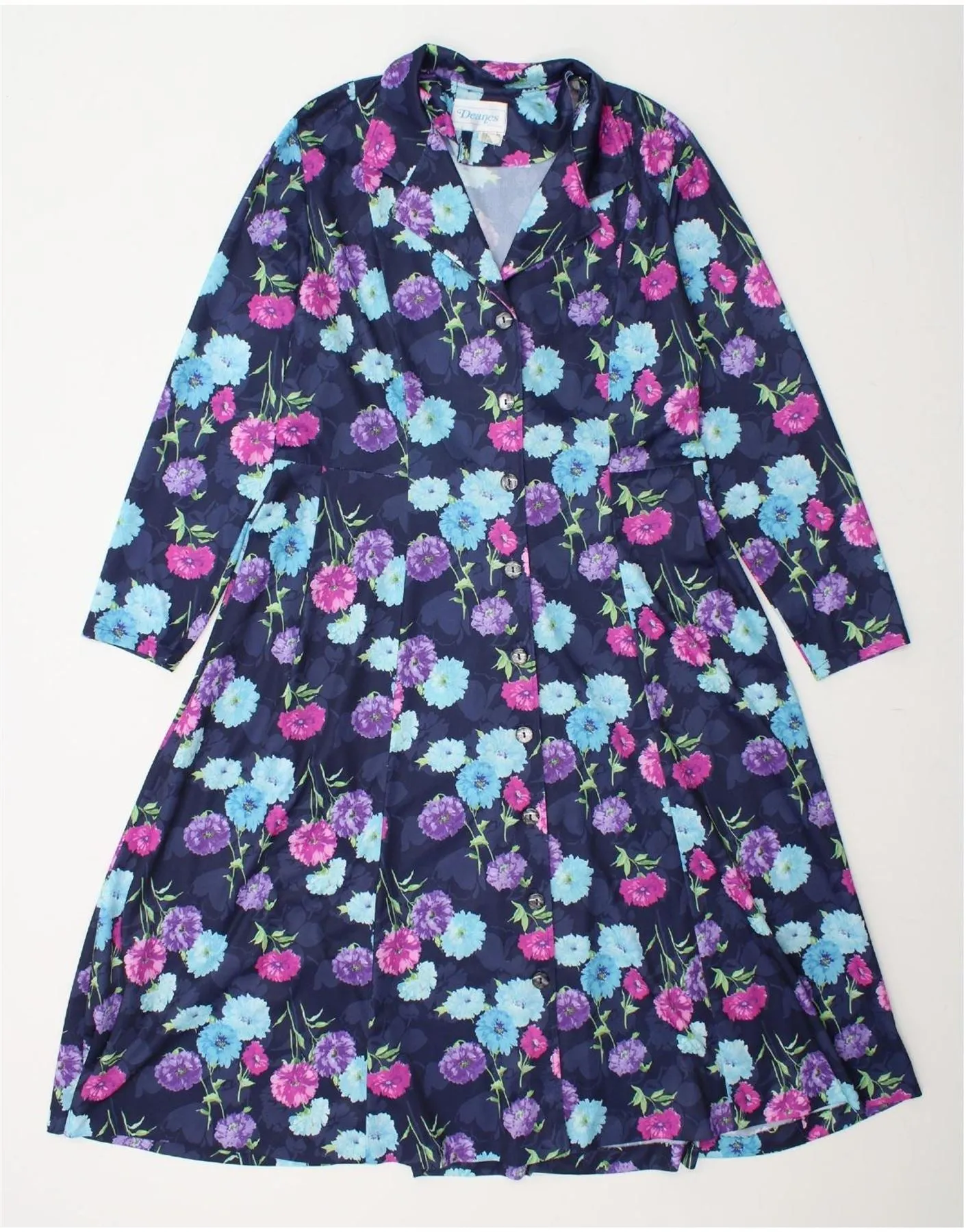 VINTAGE Womens Shirt Dress UK 16 Large Navy Blue Floral Polyester Iconic look Summer Vibes