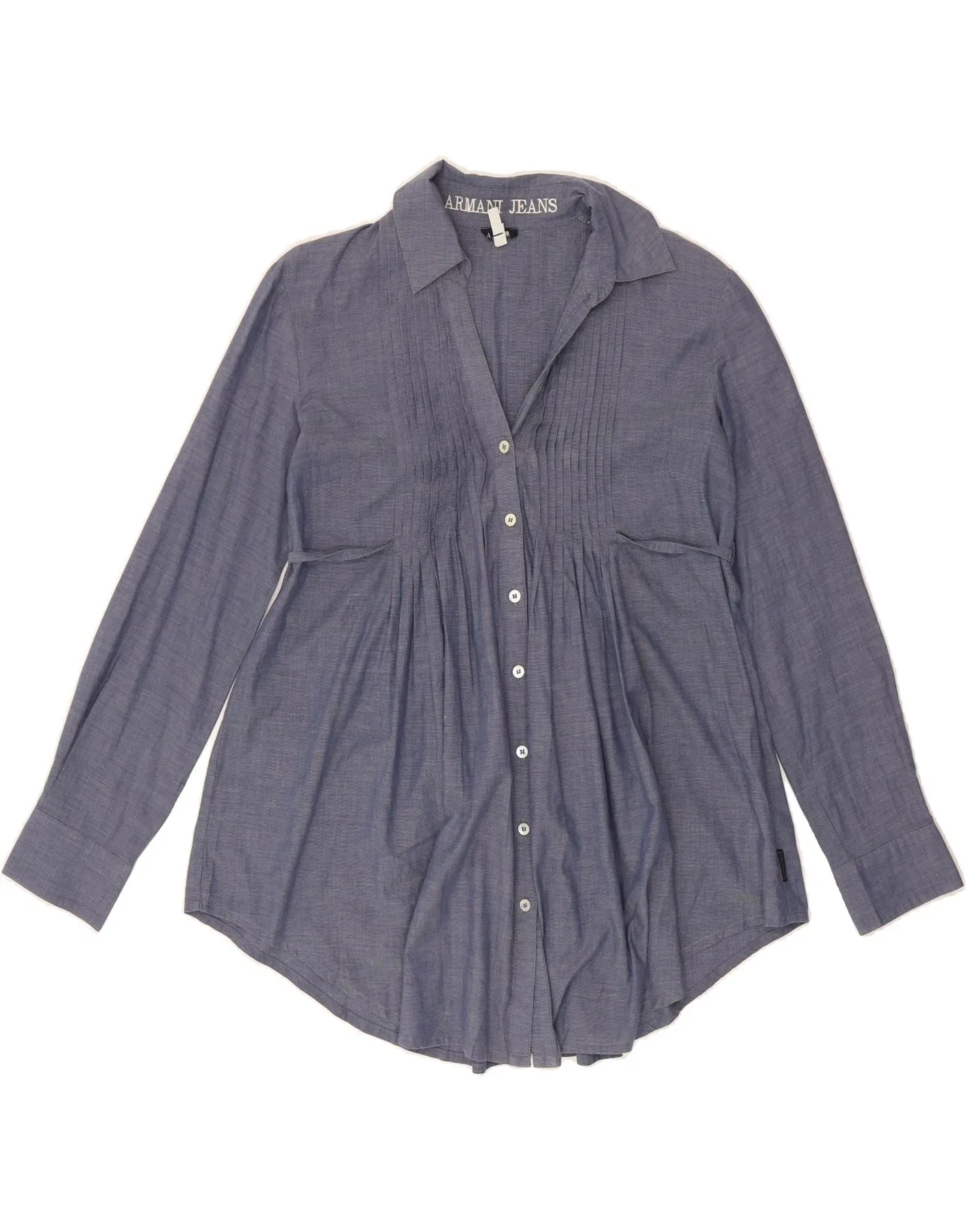 ARMANI JEANS Womens Shirt Blouse EU 42 Large Navy Blue Cotton Double Needle Hemming Tagless Design