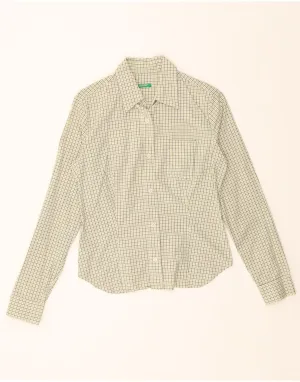 BENETTON Womens Shirt UK 10 Small Green Check Cotton Morning Comfort Special Occasion