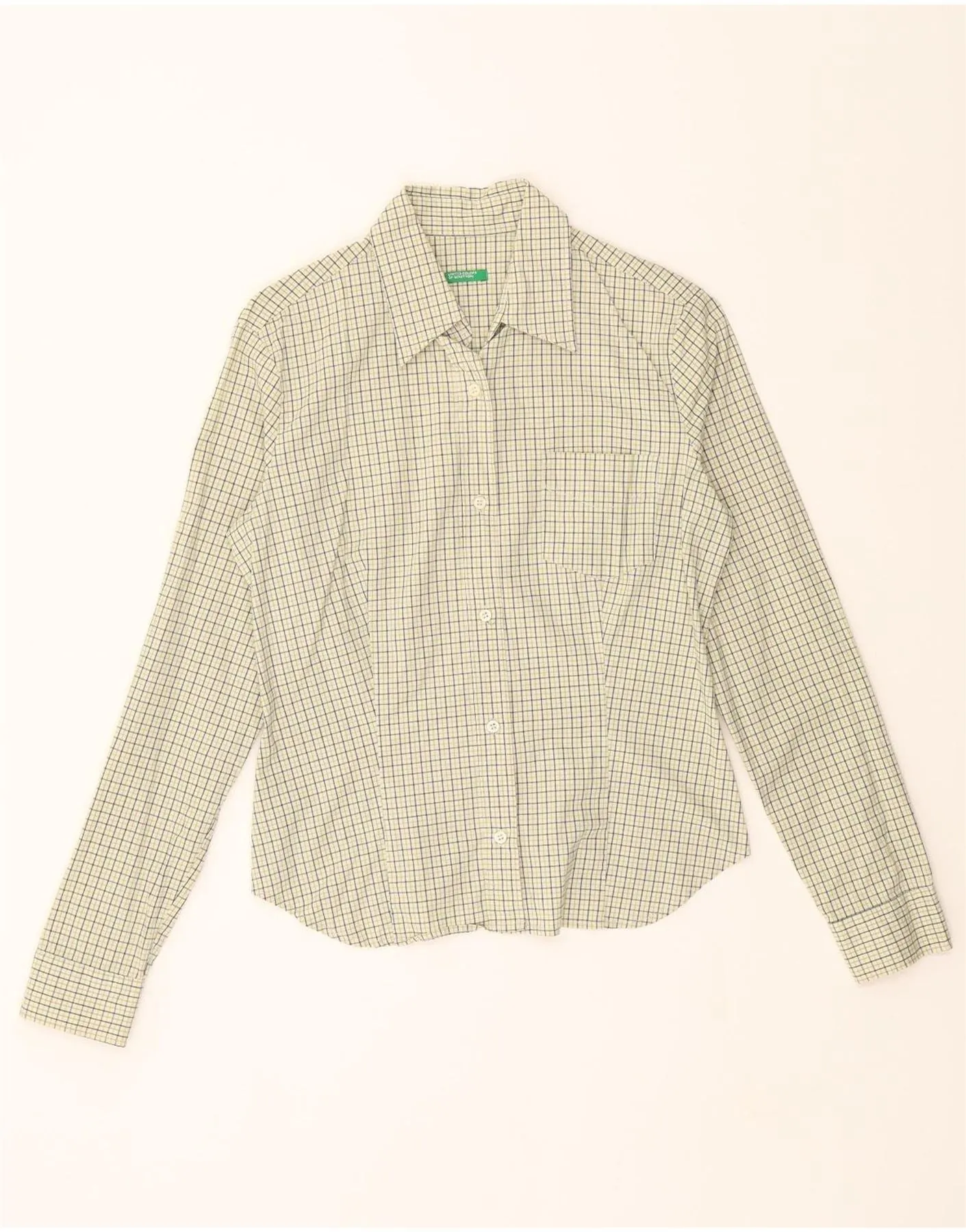 BENETTON Womens Shirt UK 10 Small Green Check Cotton Morning Comfort Special Occasion