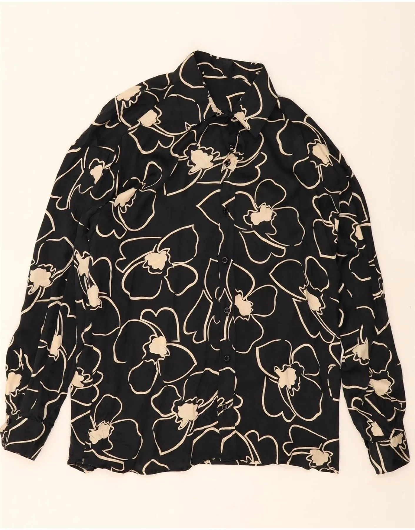 VINTAGE Womens Shirt UK 14 Medium Black Floral Functional Fashion Smooth Texture