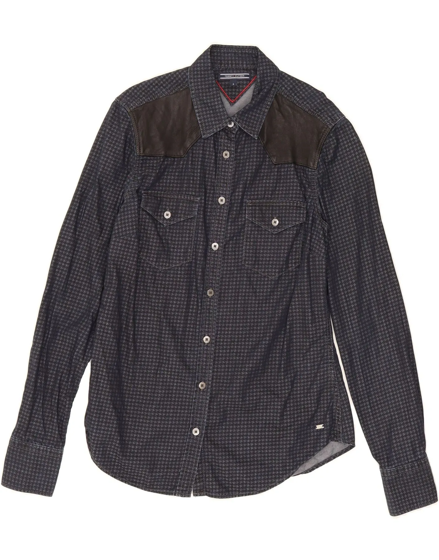 TOMMY HILFIGER Womens Shirt US 6 Medium Navy Blue Houndstooth Cotton Pure Cotton