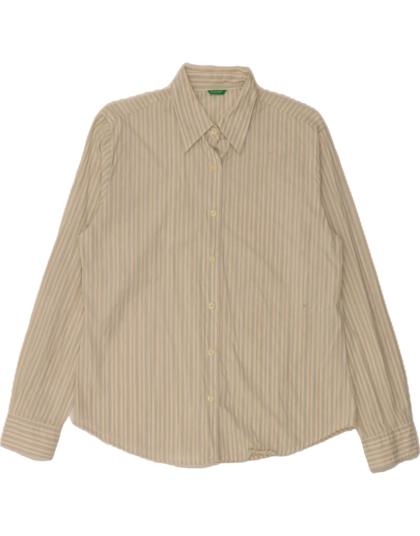 BENETTON Womens Shirt UK 16 Large Beige Striped Cotton Breathable Layer