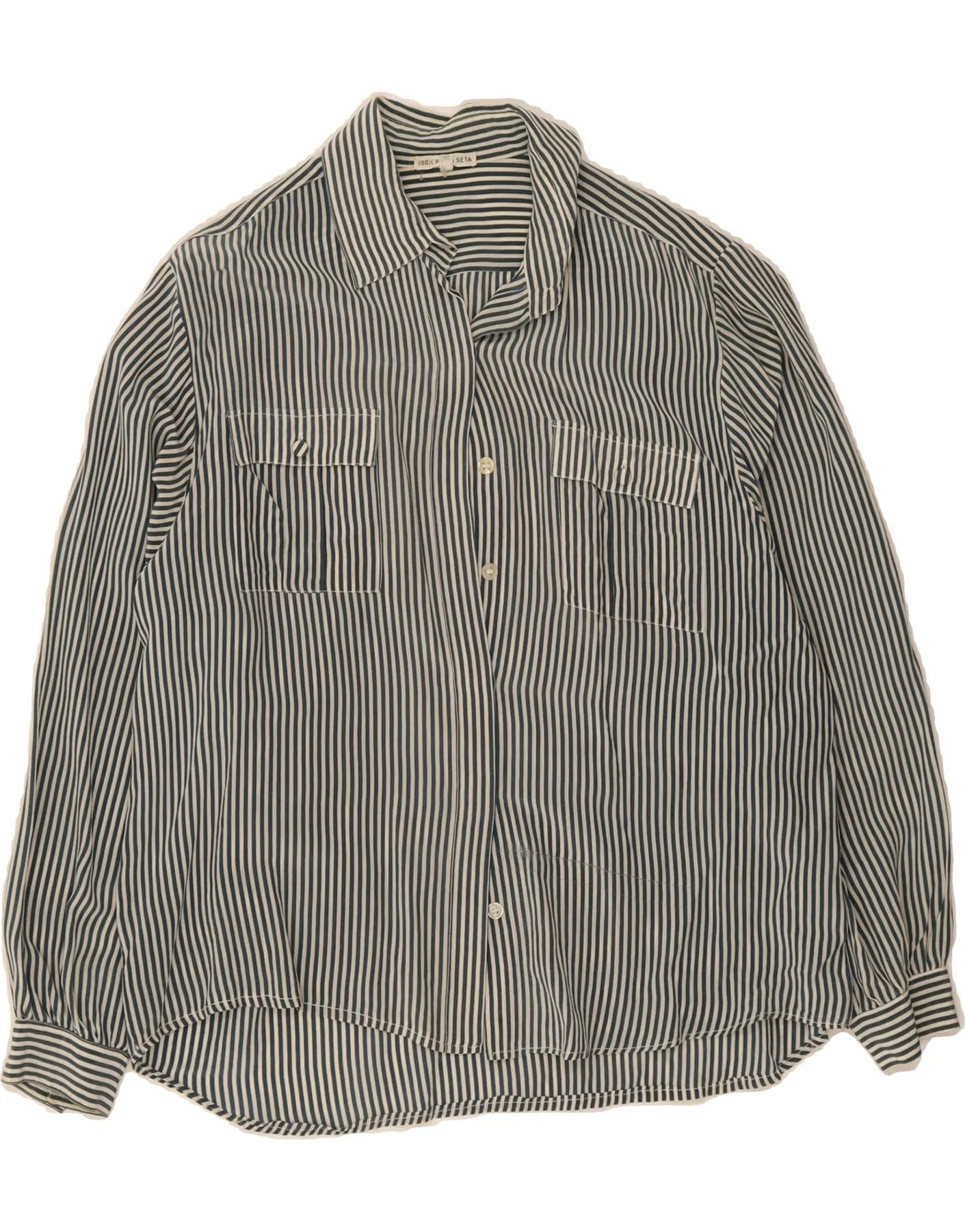 VINTAGE Womens Shirt UK 14 Medium Blue Striped Silk Premium Pima Cotton