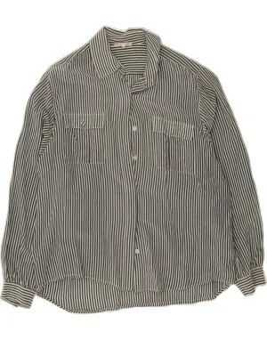 VINTAGE Womens Shirt UK 14 Medium Blue Striped Silk Premium Pima Cotton