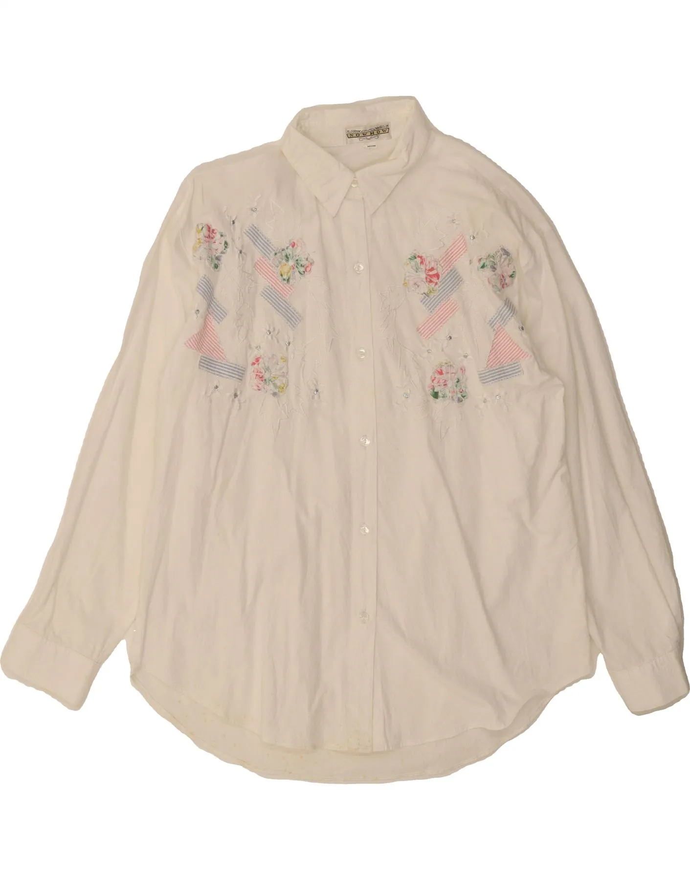 VINTAGE Womens Shirt UK 16 Large White Floral Cotton UV Protection